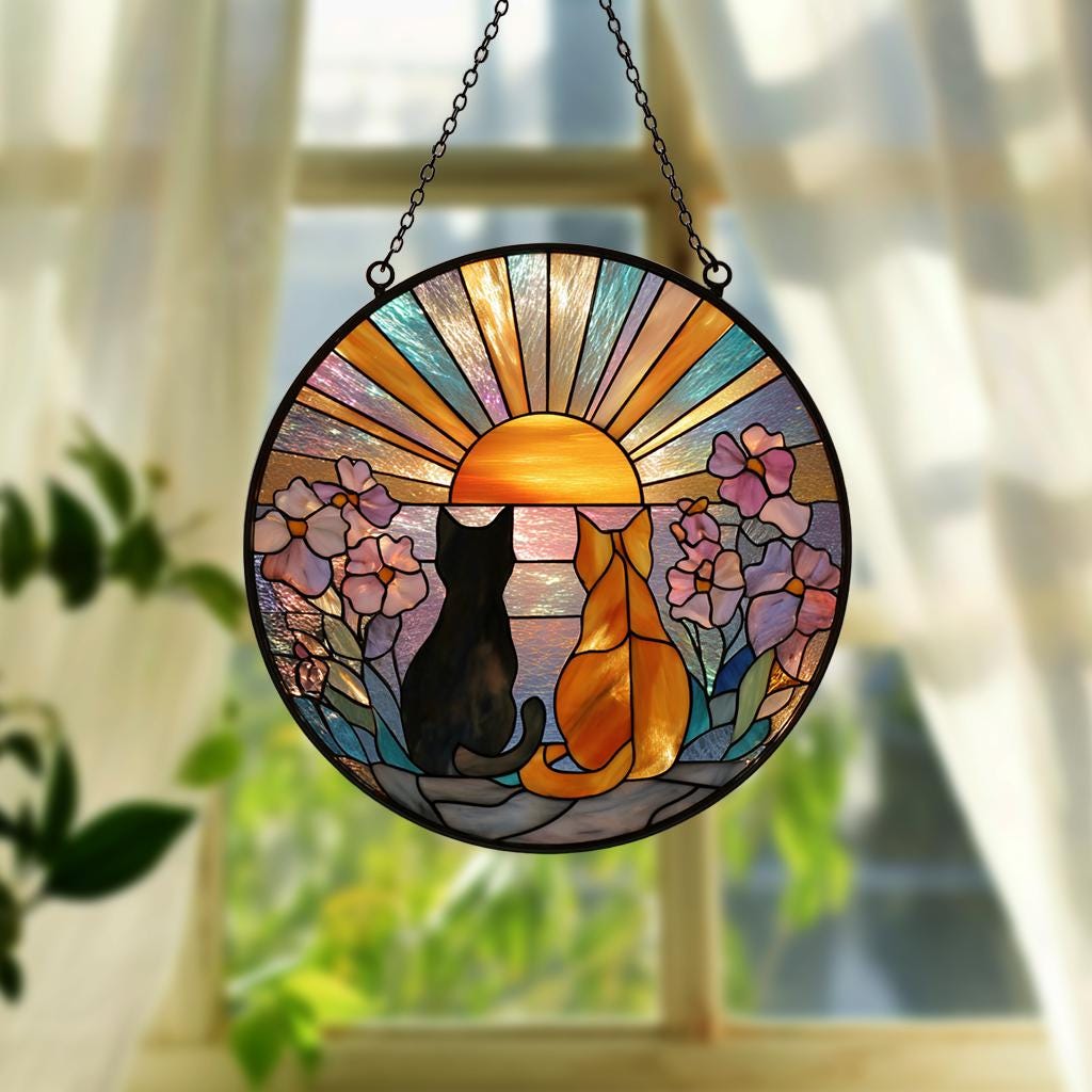 Cat Couple Stained Glass Suncatcher – Black and Orange Cats Window Hanging, Garden Decor, Gift for Cat Lovers