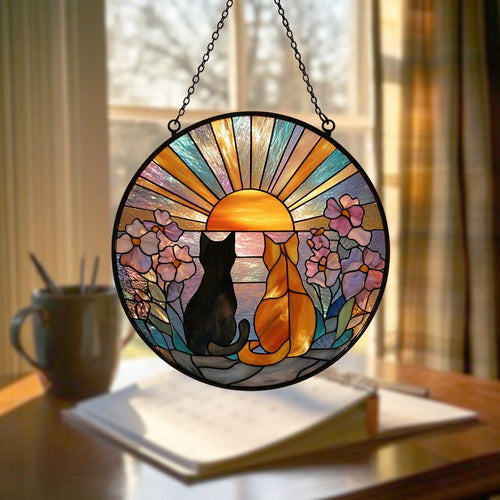 Cat Couple Stained Glass Suncatcher – Black and Orange Cats Window Hanging, Garden Decor, Gift for Cat Lovers