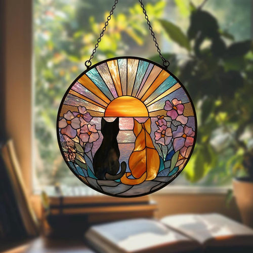 Cat Couple Stained Glass Suncatcher – Black and Orange Cats Window Hanging, Garden Decor, Gift for Cat Lovers