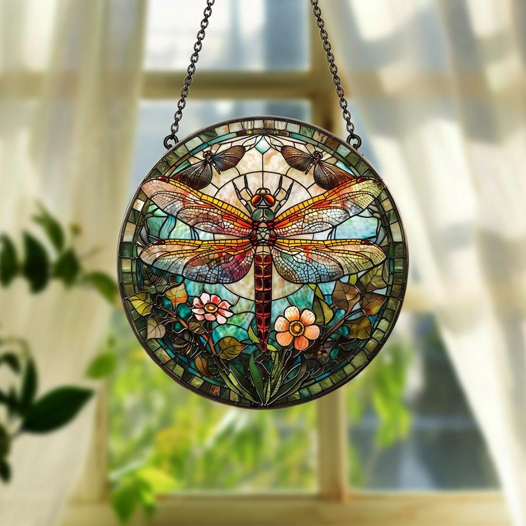Dragonfly Memory Stained Glass Suncatcher – Floral Dragonflies Window Hanging, Memorial Gift for Nature Lovers