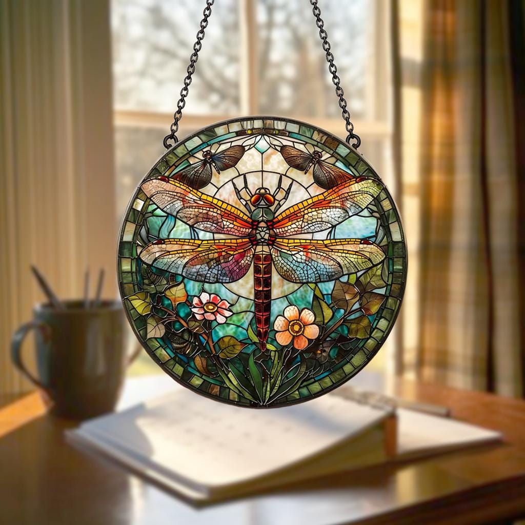 Dragonfly Memory Stained Glass Suncatcher – Floral Dragonflies Window Hanging, Memorial Gift for Nature Lovers