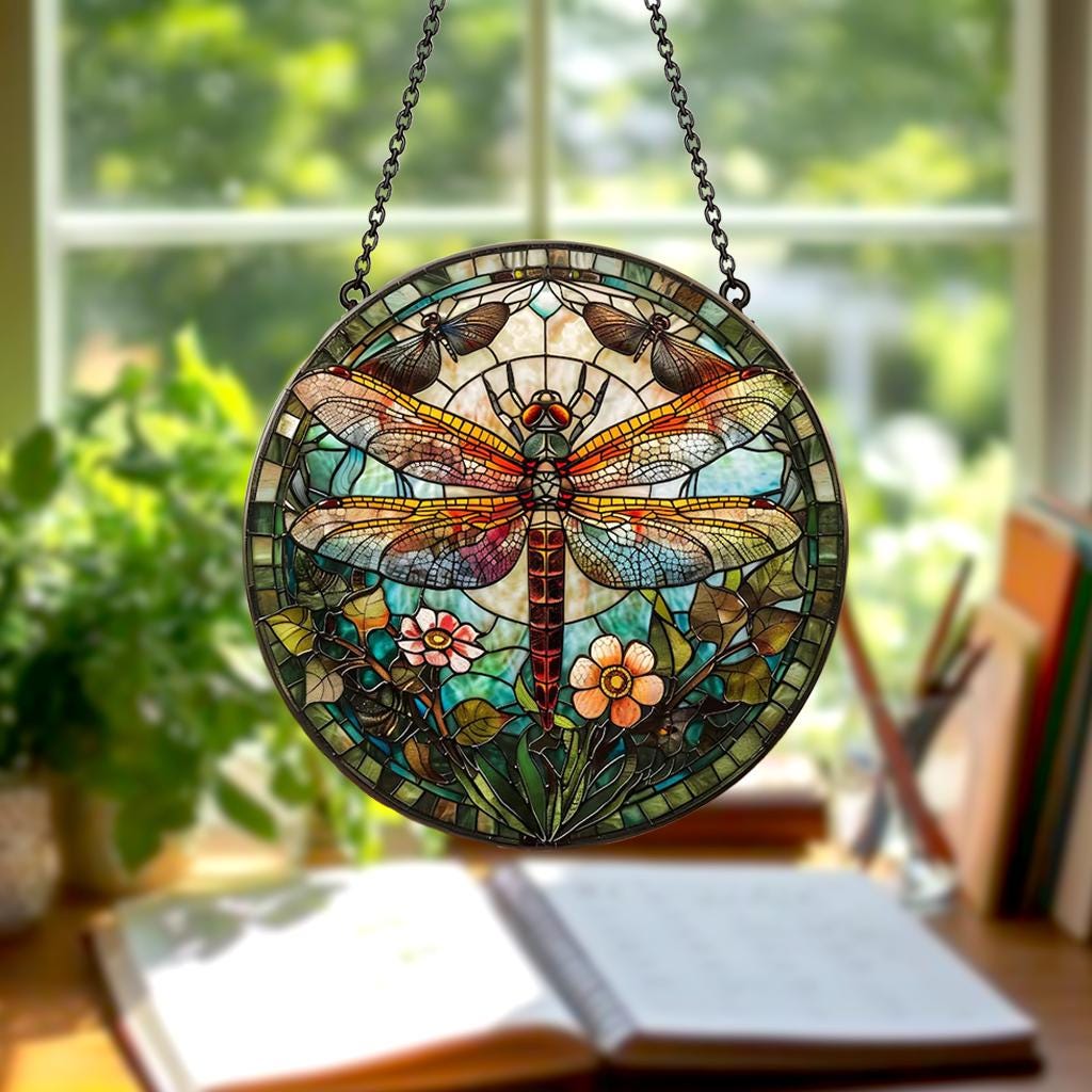 Dragonfly Memory Stained Glass Suncatcher – Floral Dragonflies Window Hanging, Memorial Gift for Nature Lovers