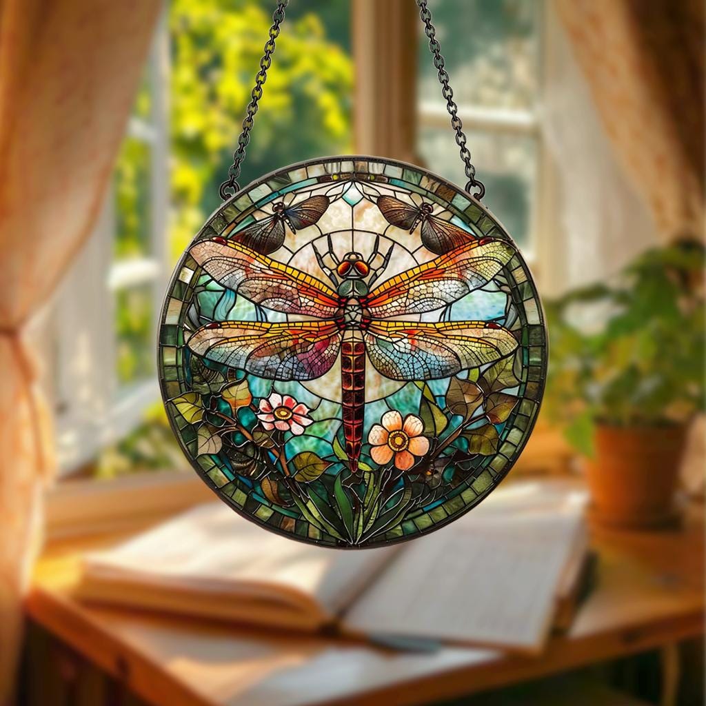 Dragonfly Memory Stained Glass Suncatcher – Floral Dragonflies Window Hanging, Memorial Gift for Nature Lovers