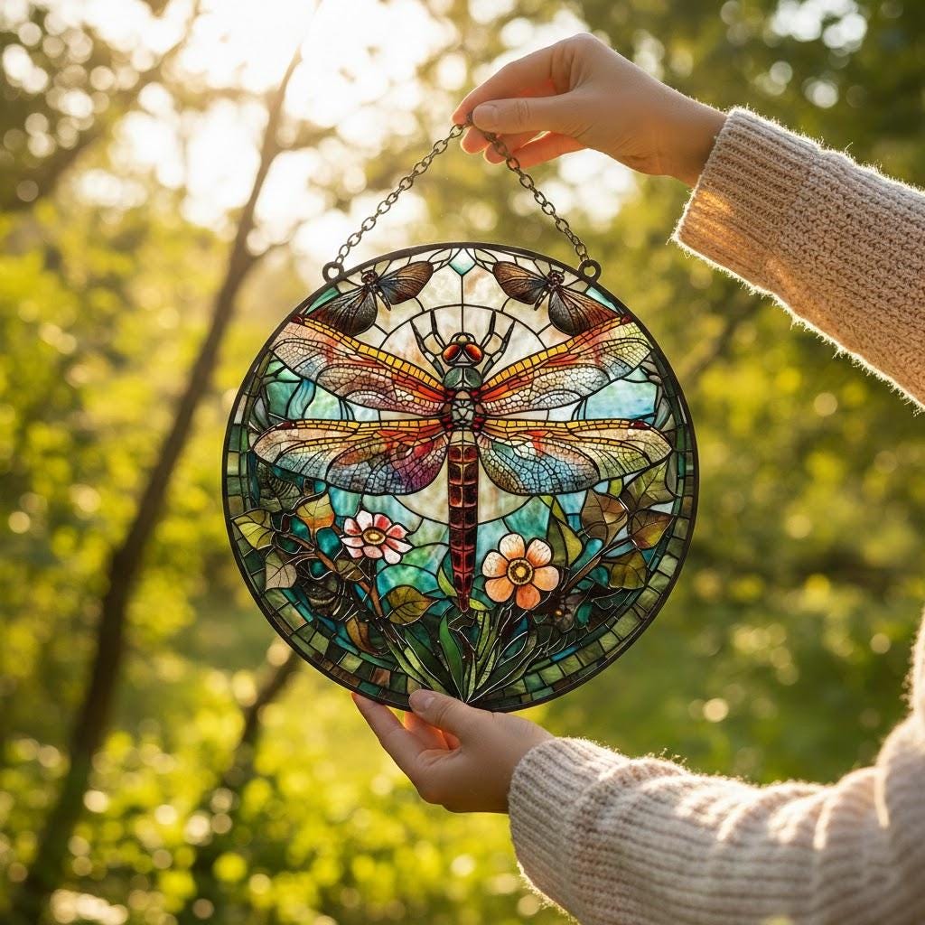 Dragonfly Memory Stained Glass Suncatcher – Floral Dragonflies Window Hanging, Memorial Gift for Nature Lovers