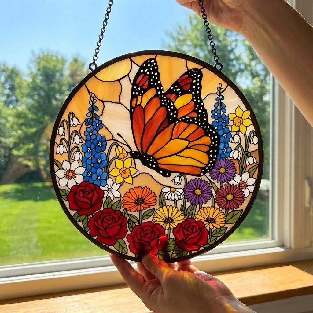 Wildflower Butterfly Stained Glass Suncatcher for Window Hanging Wall Decor Art Gift for Butterfly Lovers Flower Ornament Holiday Gift
