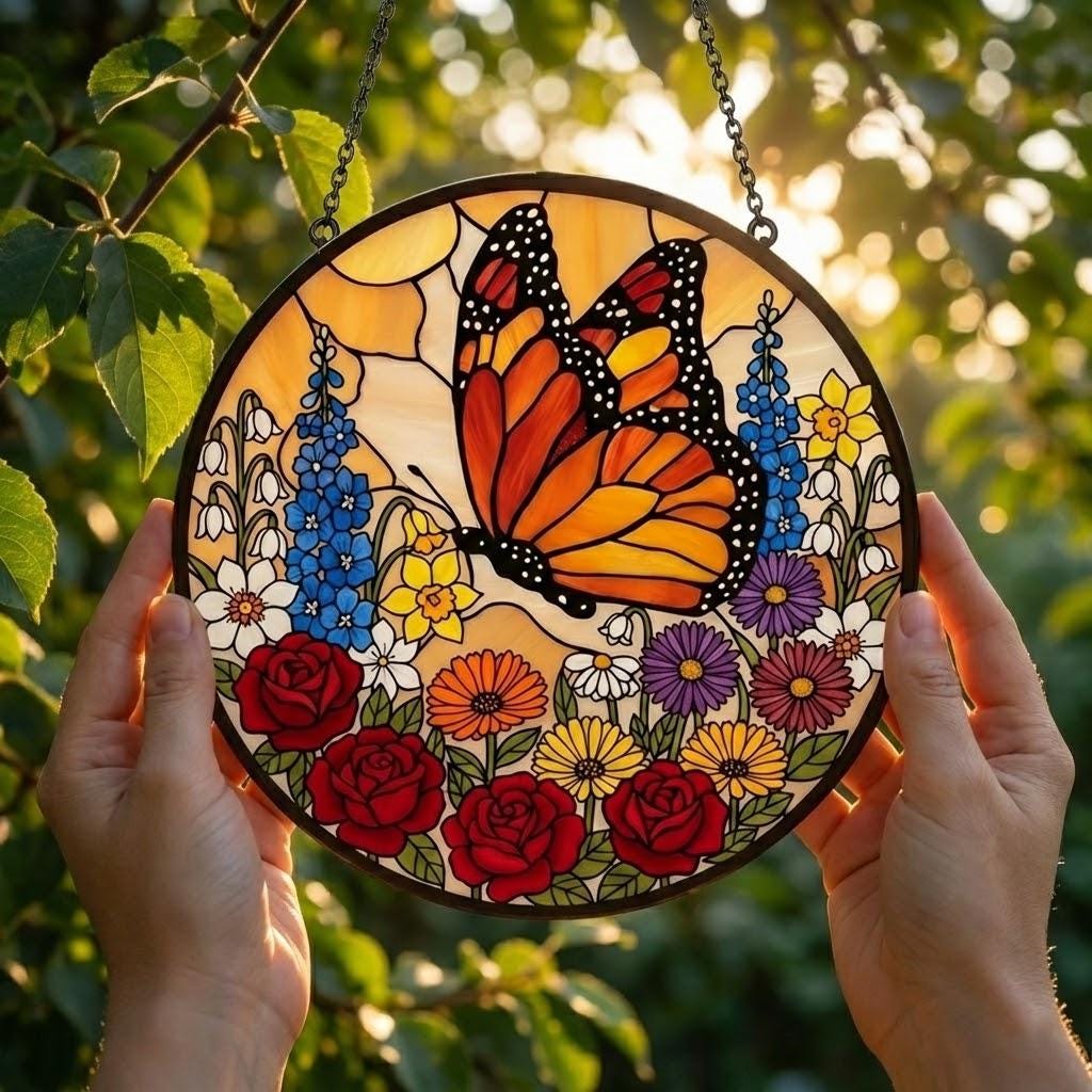 Wildflower Butterfly Stained Glass Suncatcher for Window Hanging Wall Decor Art Gift for Butterfly Lovers Flower Ornament Holiday Gift