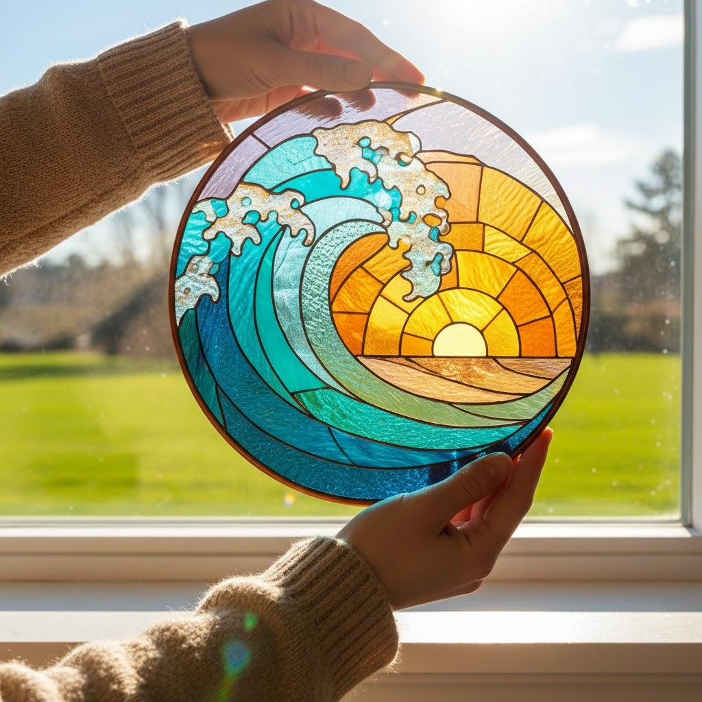 Ocean Wave Stained Glass Suncatcher, Beach Coastal Window Hanging, Handmade Ocean Decor, Beach House Gift