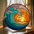 Ocean Wave Stained Glass Suncatcher, Beach Coastal Window Hanging, Handmade Ocean Decor, Beach House Gift