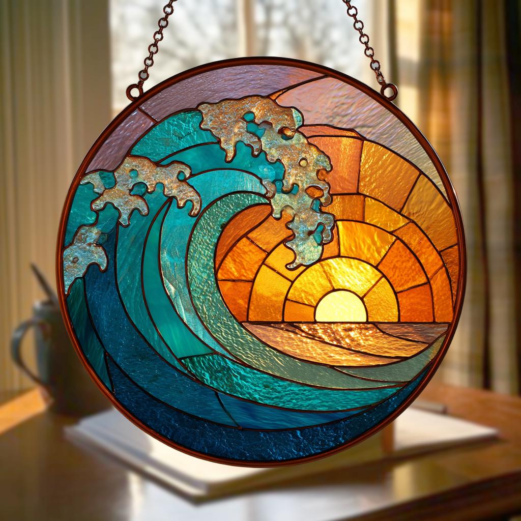 Ocean Wave Stained Glass Suncatcher, Beach Coastal Window Hanging, Handmade Ocean Decor, Beach House Gift