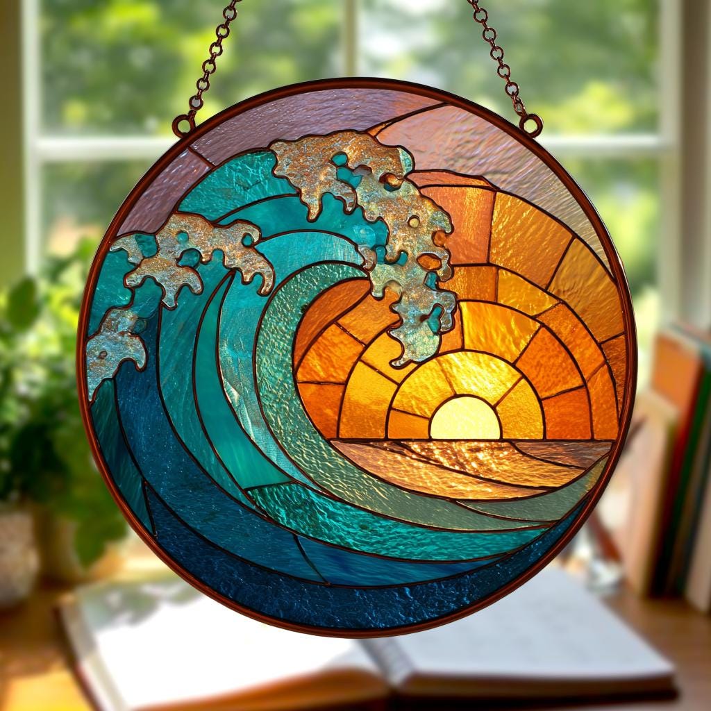Ocean Wave Stained Glass Suncatcher, Beach Coastal Window Hanging, Handmade Ocean Decor, Beach House Gift