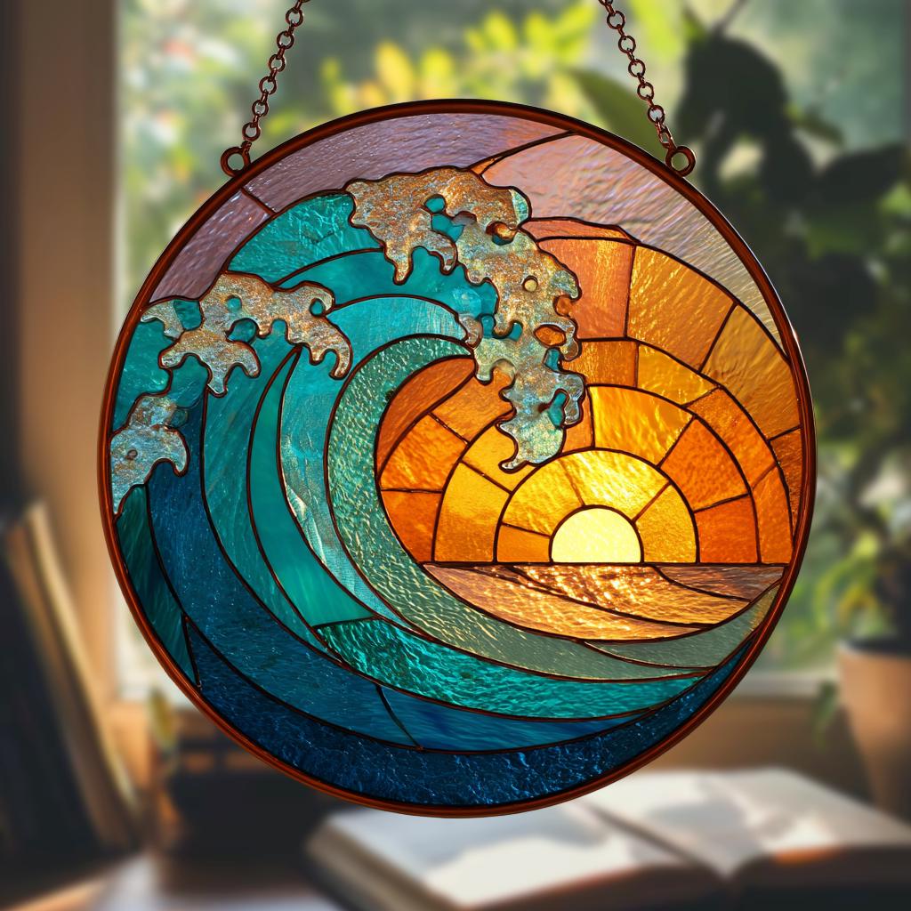 Ocean Wave Stained Glass Suncatcher, Beach Coastal Window Hanging, Handmade Ocean Decor, Beach House Gift