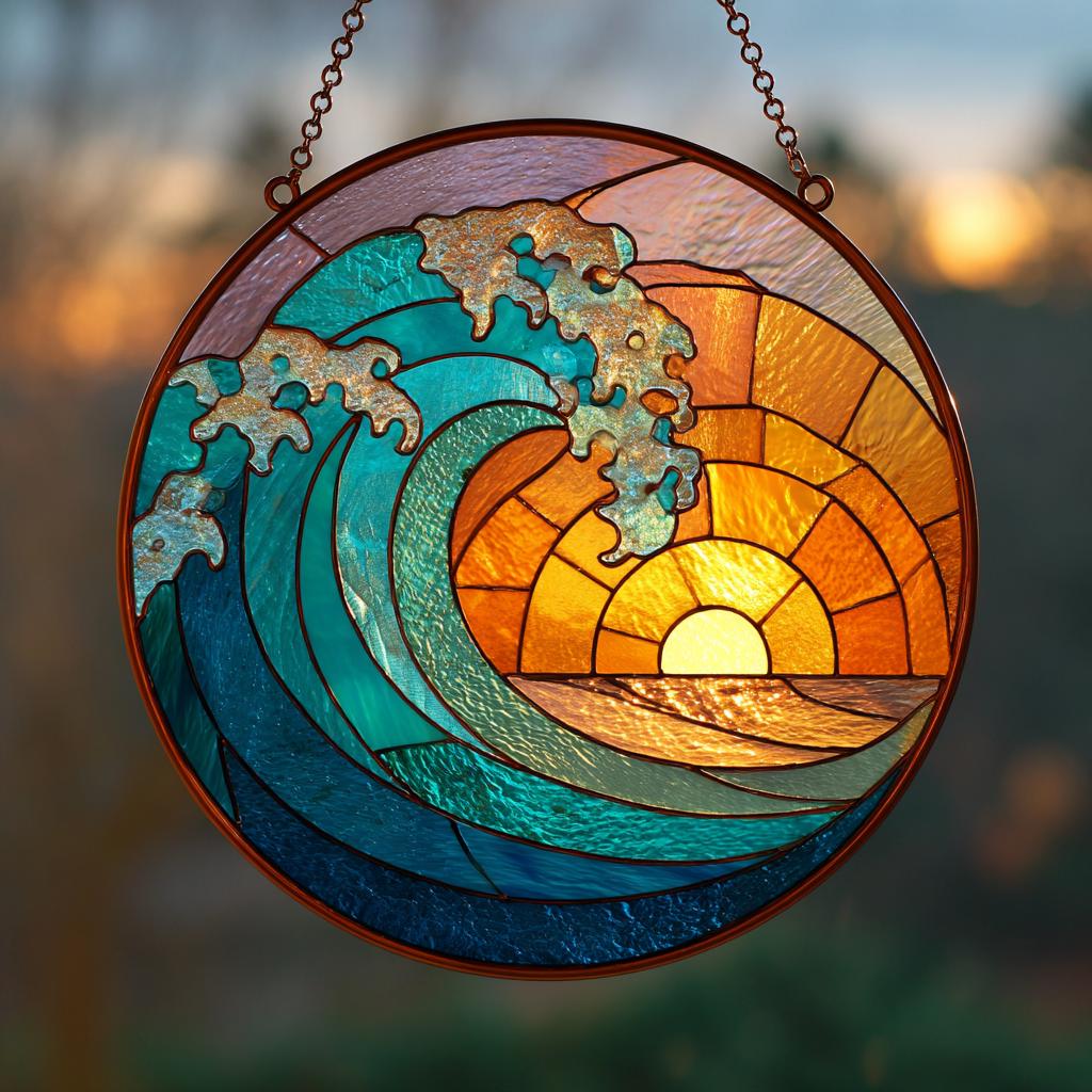 Ocean Wave Stained Glass Suncatcher, Beach Coastal Window Hanging, Handmade Ocean Decor, Beach House Gift