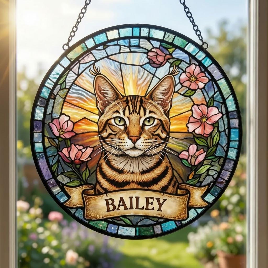 Personalized Cat Portrait Stained Glass Suncatcher, Custom Pet Memorial Stained Glass Photo Suncatcher, Dog Loss Keepsake, Pet Loss Gift