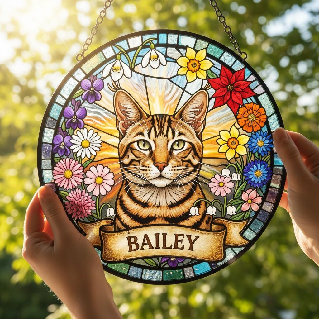 Personalized Cat Portrait Stained Glass Suncatcher, Custom Pet Memorial Window Hanging, Cat Loss Keepsake Gift