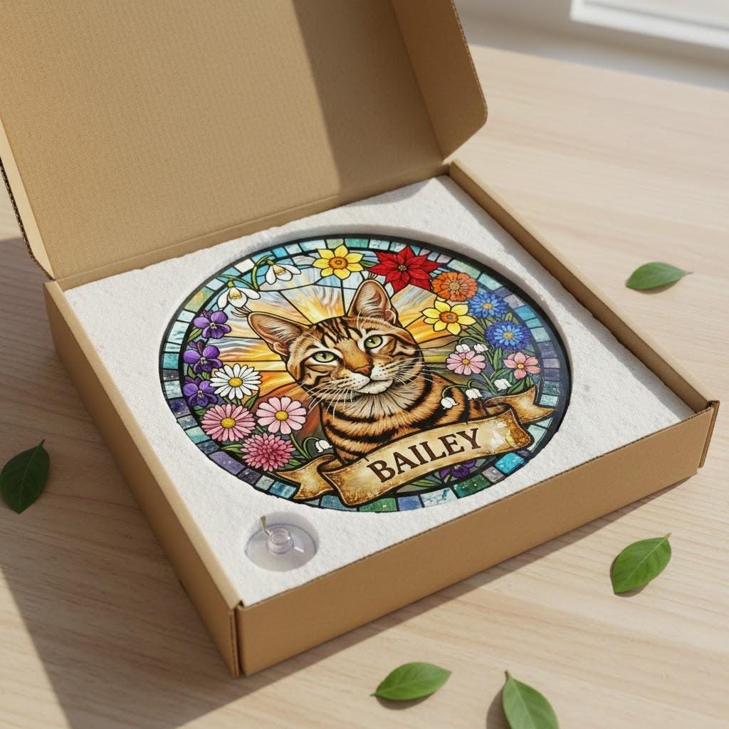 Personalized Cat Portrait Stained Glass Suncatcher, Custom Pet Memorial Window Hanging, Cat Loss Keepsake Gift