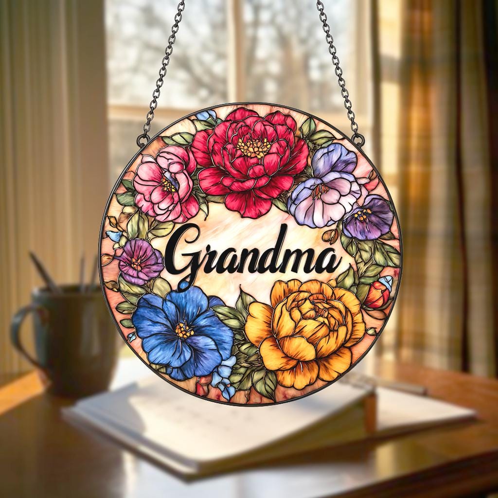 Floral Glass Suncatcher for Gigi, Grandma Mimi Nana Floral Window Decor Gift, Christmas Gift for Loved One, Grandparents Day Gift Xmas