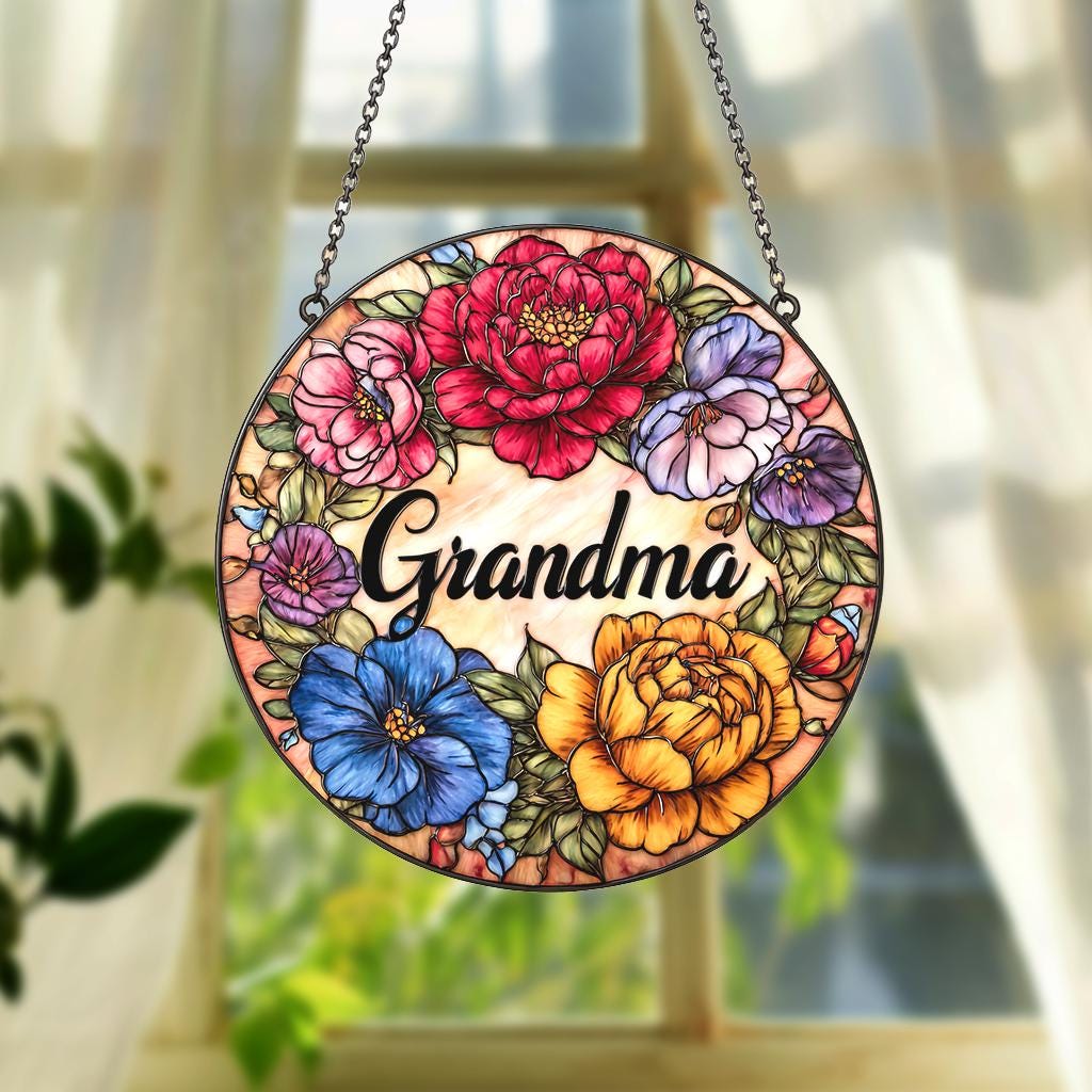 Floral Glass Suncatcher for Gigi, Grandma Mimi Nana Floral Window Decor Gift, Christmas Gift for Loved One, Grandparents Day Gift Xmas