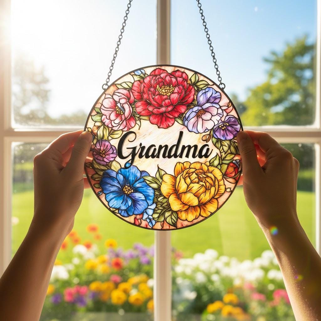 Floral Glass Suncatcher for Gigi, Grandma Mimi Nana Floral Window Decor Gift, Christmas Gift for Loved One, Grandparents Day Gift Xmas