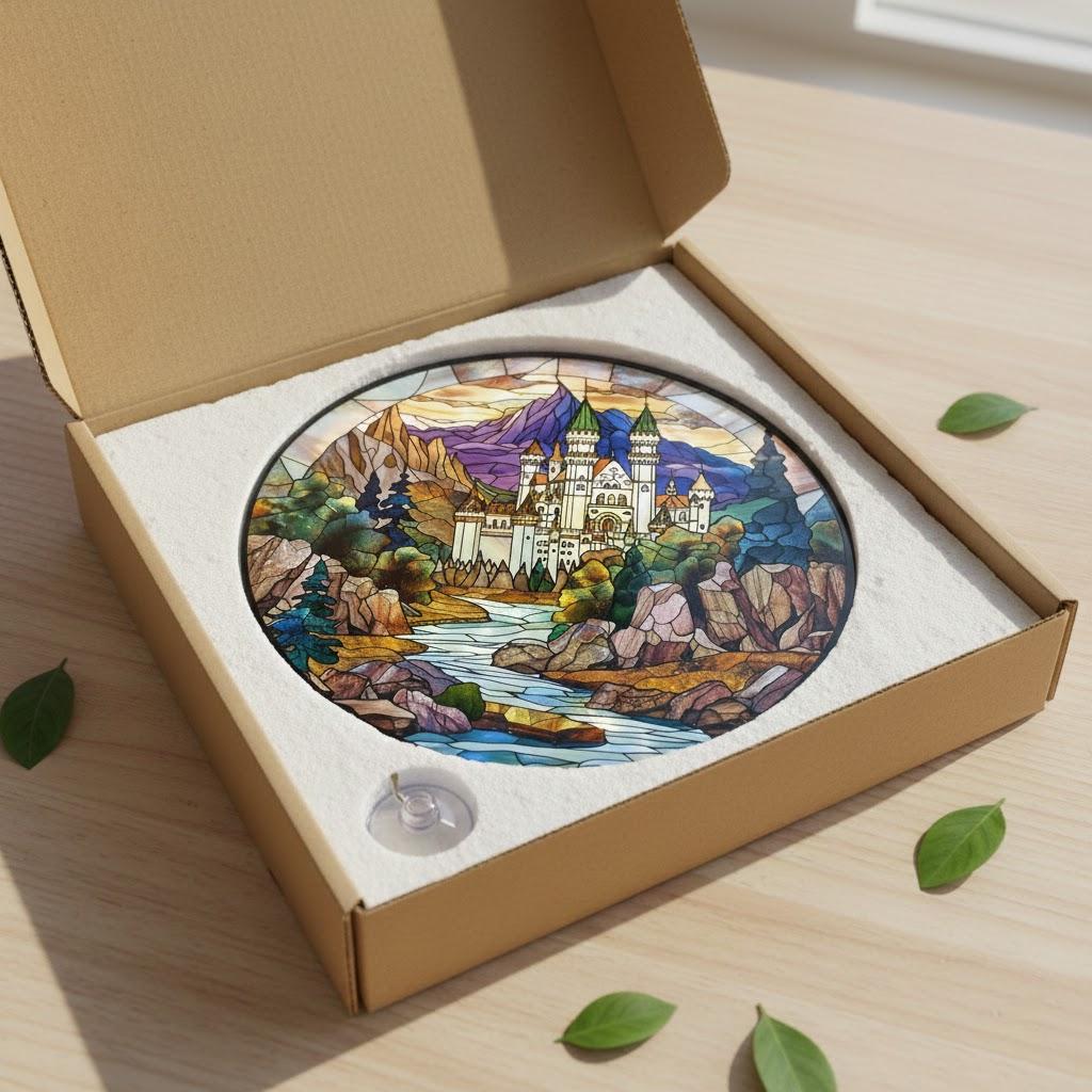Wizard School Castle Acrylic Faux Stained Glass Suncatcher, Magical Castle Window Hanging for Fantasy Witchy & Movie Lovers