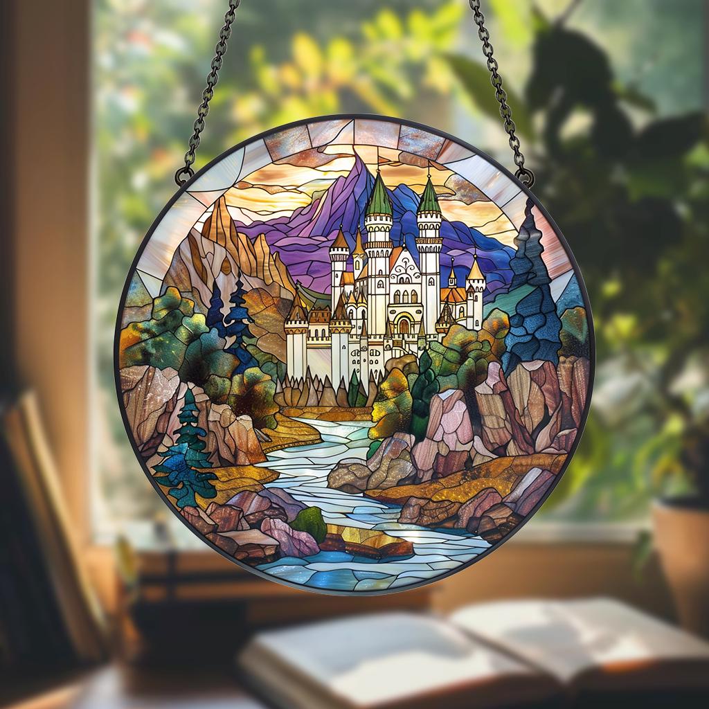 Wizard School Castle Acrylic Faux Stained Glass Suncatcher, Magical Castle Window Hanging for Fantasy Witchy & Movie Lovers
