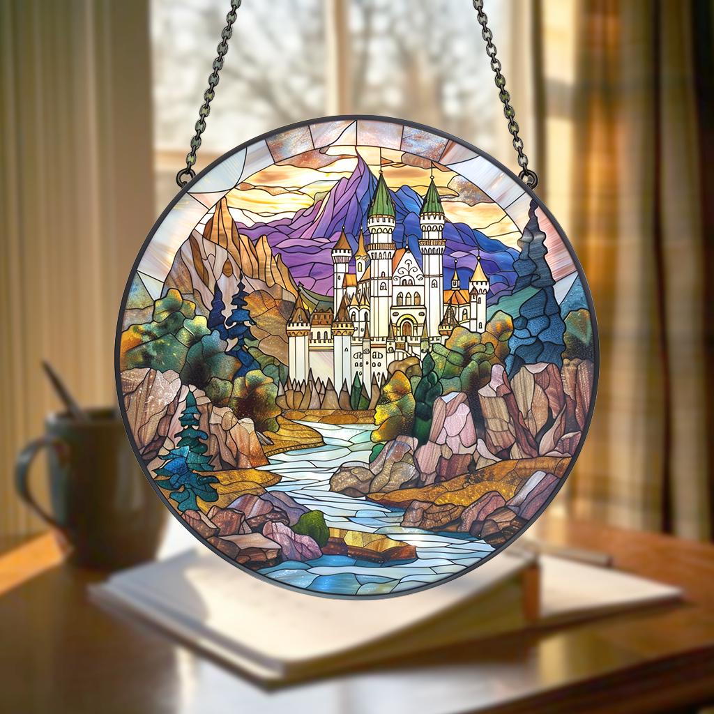 Wizard School Castle Acrylic Faux Stained Glass Suncatcher, Magical Castle Window Hanging for Fantasy Witchy & Movie Lovers