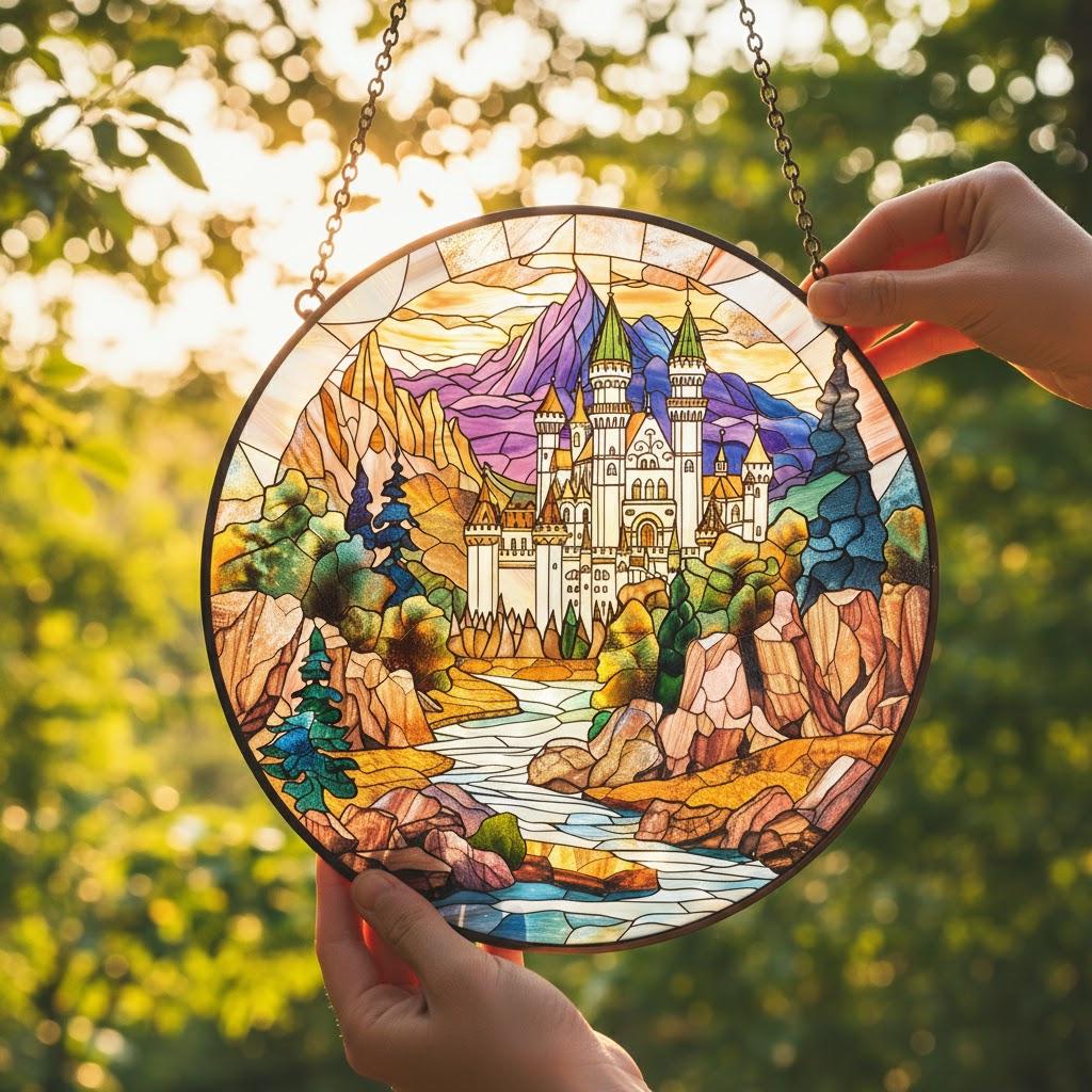 Wizard School Castle Acrylic Faux Stained Glass Suncatcher, Magical Castle Window Hanging for Fantasy Witchy & Movie Lovers