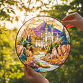Wizard School Castle Acrylic Faux Stained Glass Suncatcher, Magical Castle Window Hanging for Fantasy Witchy & Movie Lovers