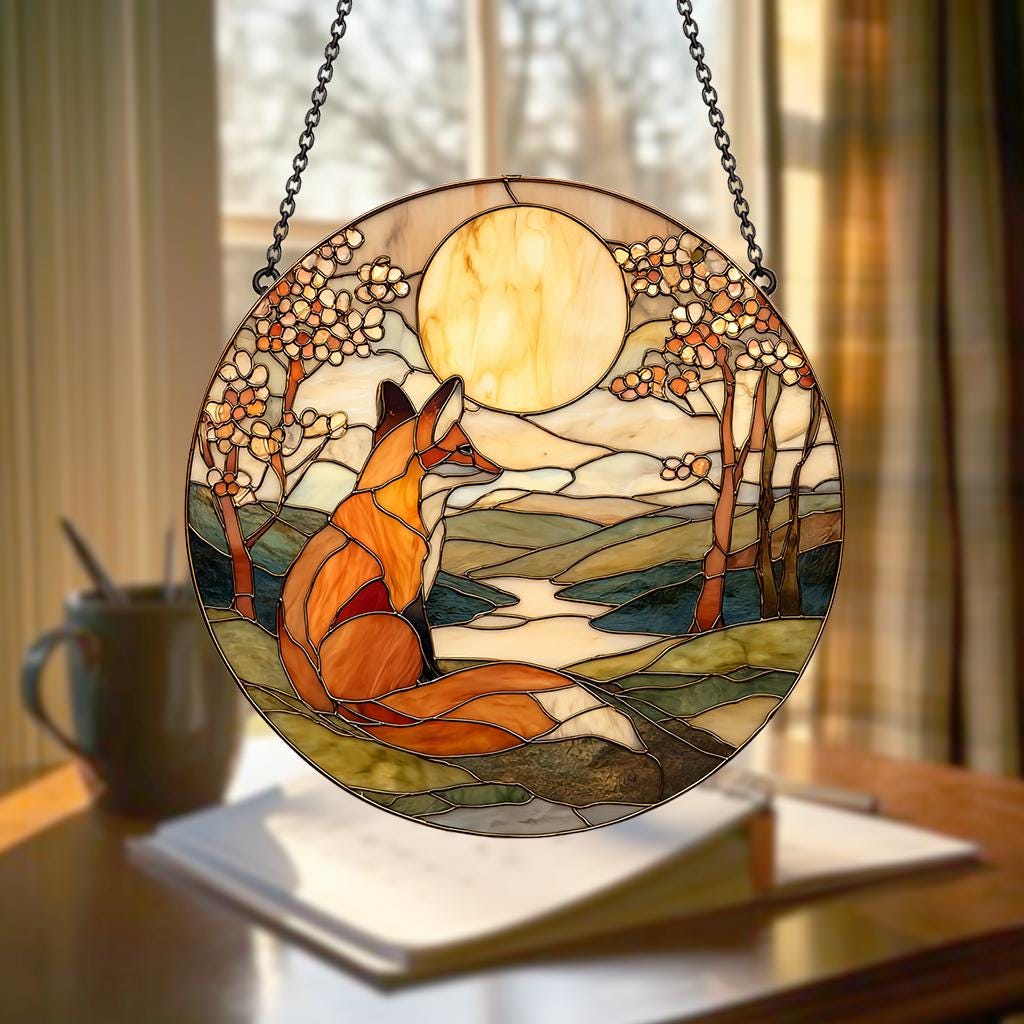 Fox Glass Suncatcher, Woodland Nursery Window Decor, Handmade Stained Glass Style Ornament, Cute Animal Gift