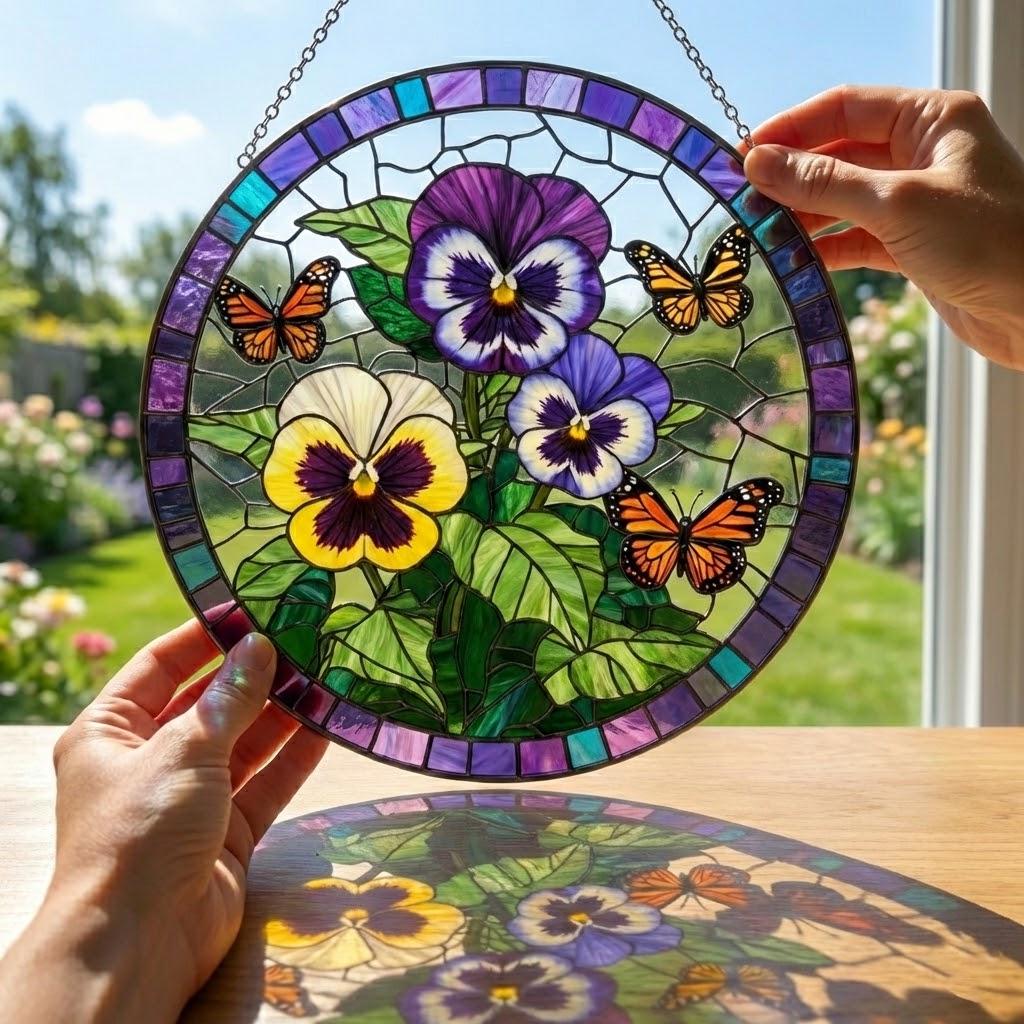 Pansy Flower And Buterfly Suncatcher Faux Stained Glass Window Hanging with Yellow, Purple and White Petals Gift for Gardeners and Decor