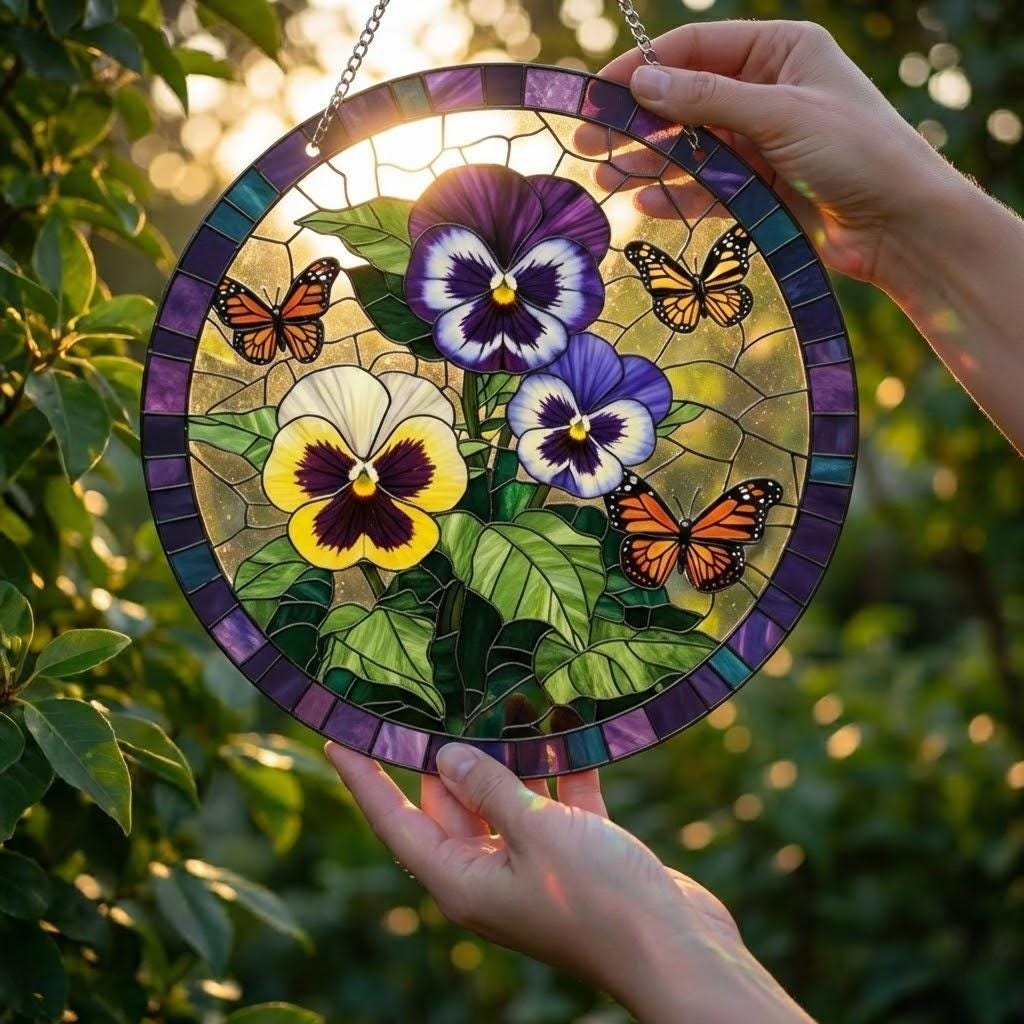 Pansy Flower And Buterfly Suncatcher Faux Stained Glass Window Hanging with Yellow, Purple and White Petals Gift for Gardeners and Decor
