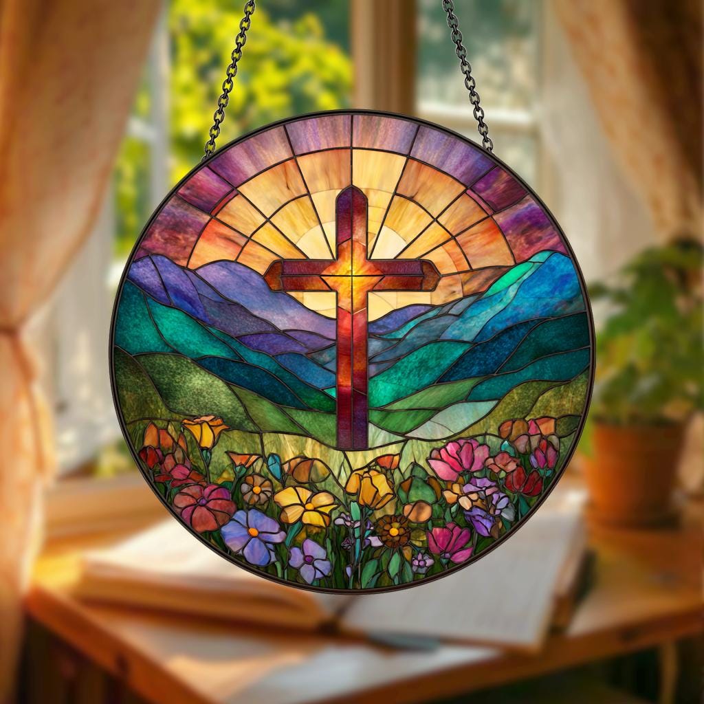 Stained Glass Cross with Wildflowers Suncatcher, Christian Flower Cross Window Hanging, Religious Easter Faith Decor,Christian Gift for Home