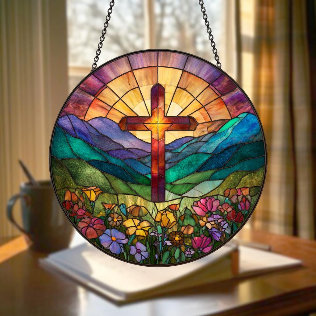 Stained Glass Cross with Wildflowers Suncatcher, Christian Flower Cross Window Hanging, Religious Easter Faith Decor,Christian Gift for Home