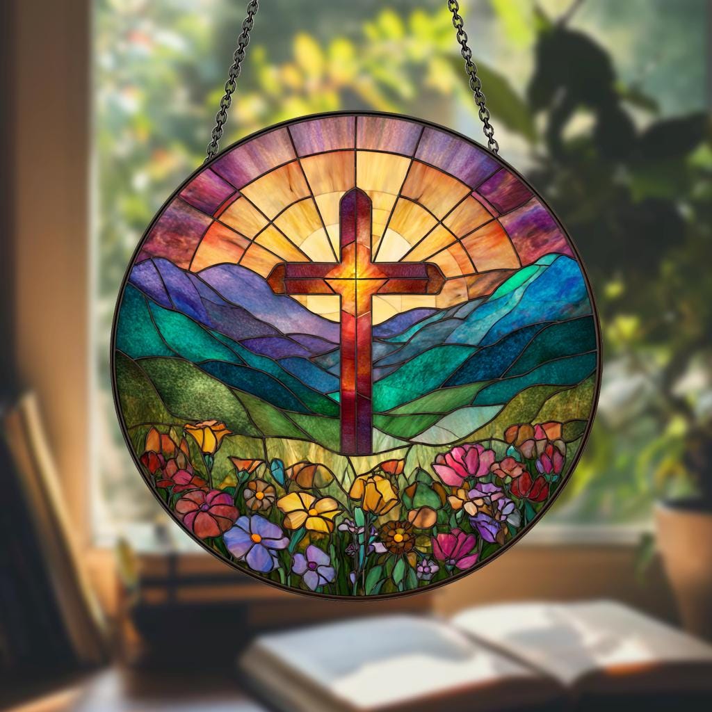 Stained Glass Cross with Wildflowers Suncatcher, Christian Flower Cross Window Hanging, Religious Easter Faith Decor,Christian Gift for Home