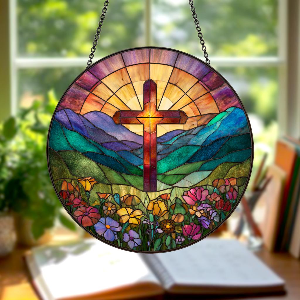 Stained Glass Cross with Wildflowers Suncatcher, Christian Flower Cross Window Hanging, Religious Easter Faith Decor,Christian Gift for Home