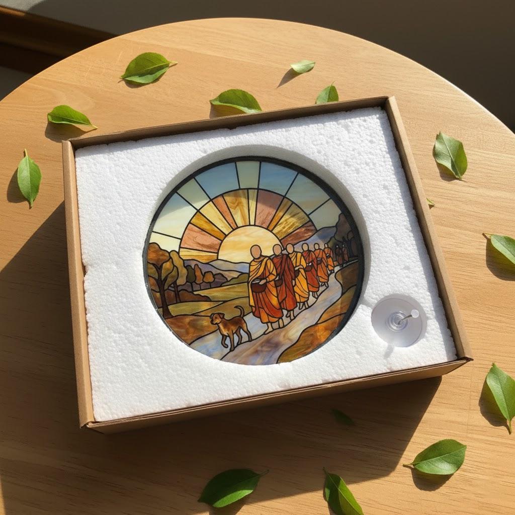Walk for Peace Suncatcher, Peaceful Buddhist Monks with Aloka Dog, Zen Compassion Window Art, Mindfulness Home Decor