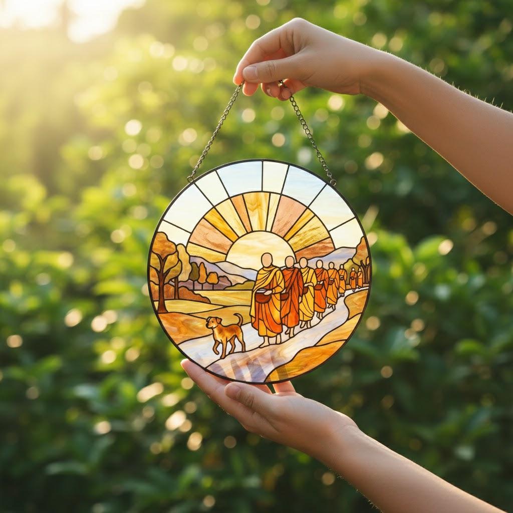 Walk for Peace Suncatcher, Peaceful Buddhist Monks with Aloka Dog, Zen Compassion Window Art, Mindfulness Home Decor
