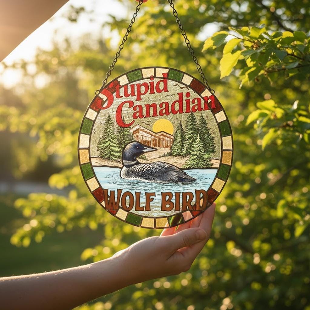Funny Loon Bird Suncatcher, Stupid Canadian Wolf Bird Window Hanging, Retro Nature Decor, Hockey Romance Inspired Gift