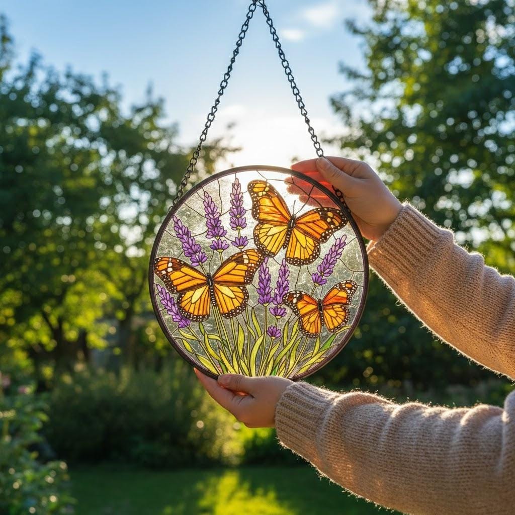 Lavender Monarch Butterfly Stained Glass Suncatcher for Window Hanging Wall Decor Art Gift for Butterfly Lovers Flower Ornament Holiday Gift
