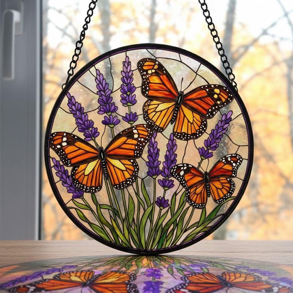 Lavender Monarch Butterfly Stained Glass Suncatcher for Window Hanging Wall Decor Art Gift for Butterfly Lovers Flower Ornament Holiday Gift