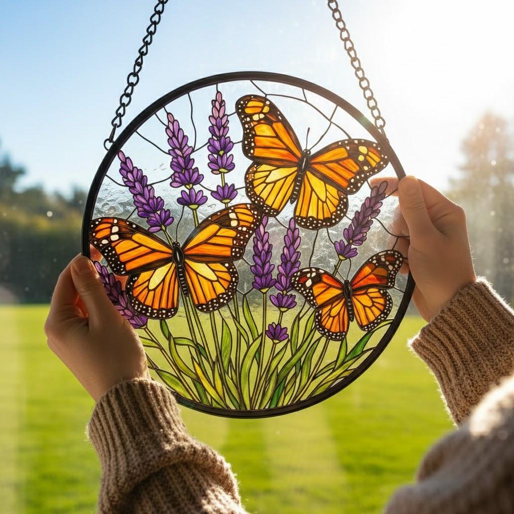 Lavender Monarch Butterfly Stained Glass Suncatcher for Window Hanging Wall Decor Art Gift for Butterfly Lovers Flower Ornament Holiday Gift