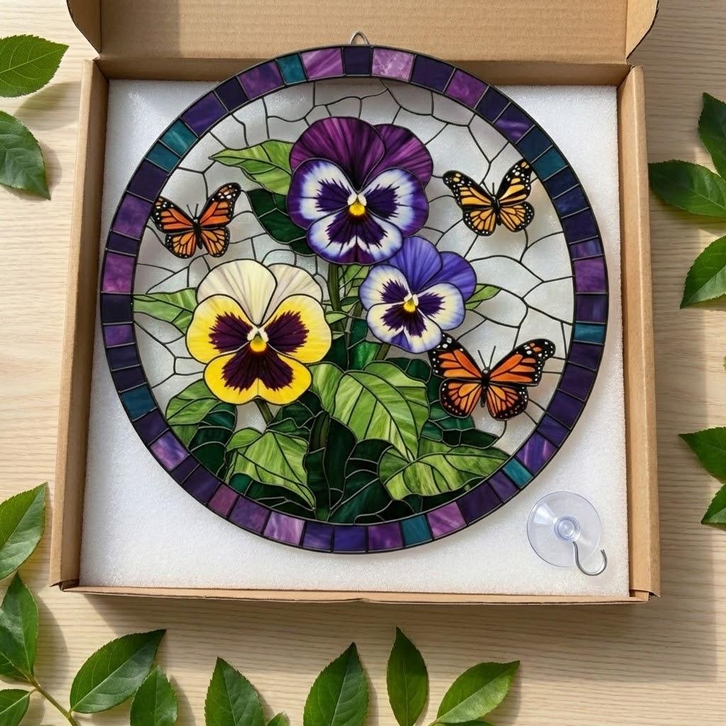 Pansy Flower And Buterfly Suncatcher Faux Stained Glass Window Hanging with Yellow, Purple and White Petals Gift for Gardeners and Decor