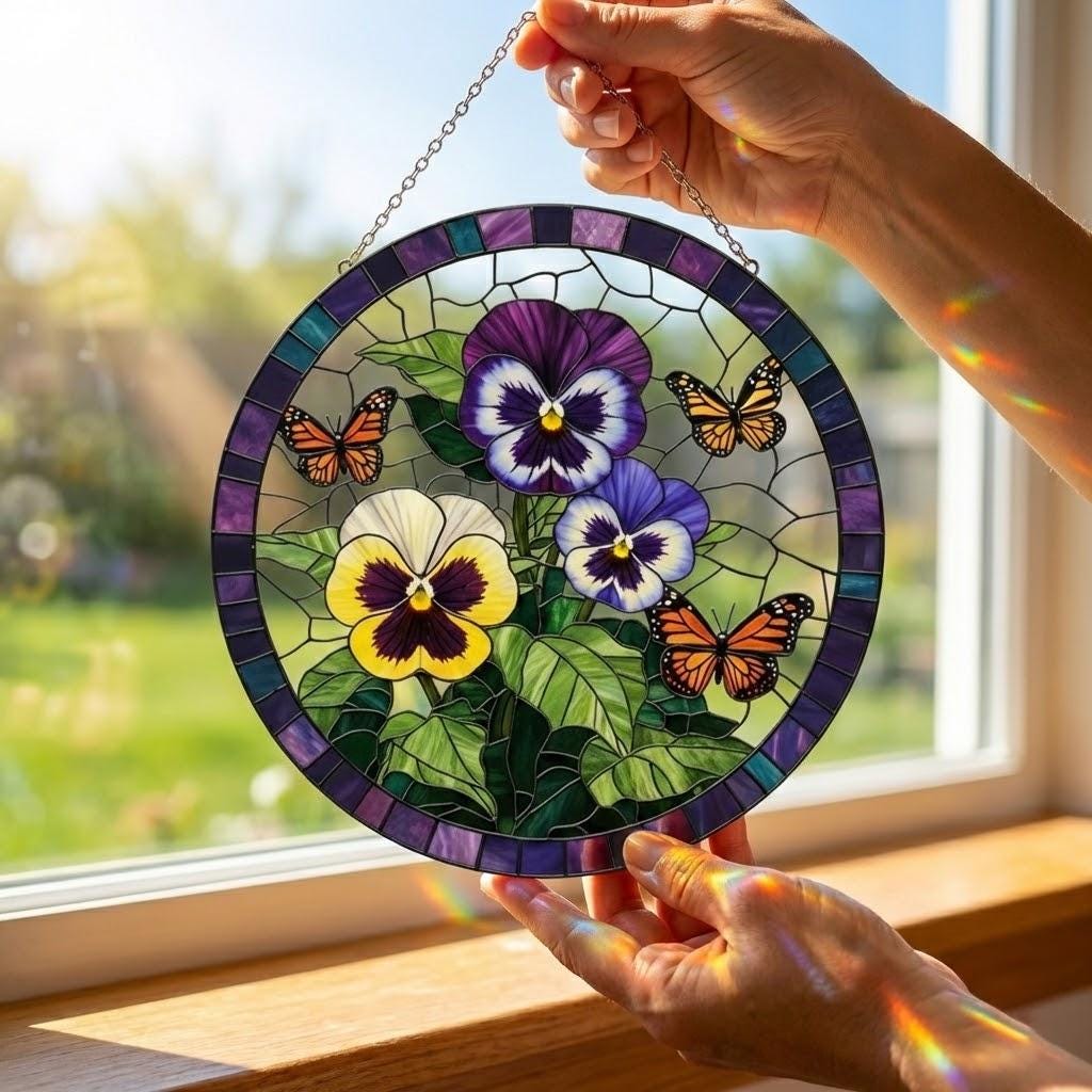 Pansy Flower And Buterfly Suncatcher Faux Stained Glass Window Hanging with Yellow, Purple and White Petals Gift for Gardeners and Decor