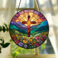 Stained Glass Cross with Wildflowers Suncatcher, Christian Flower Cross Window Hanging, Religious Easter Faith Decor,Christian Gift for Home