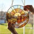 Walk for Peace Suncatcher, Peaceful Buddhist Monks with Aloka Dog, Zen Compassion Window Art, Mindfulness Home Decor