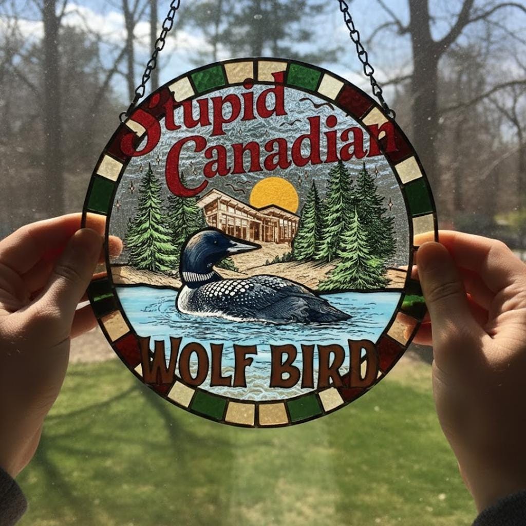 Funny Loon Bird Suncatcher, Stupid Canadian Wolf Bird Window Hanging, Retro Nature Decor, Hockey Romance Inspired Gift