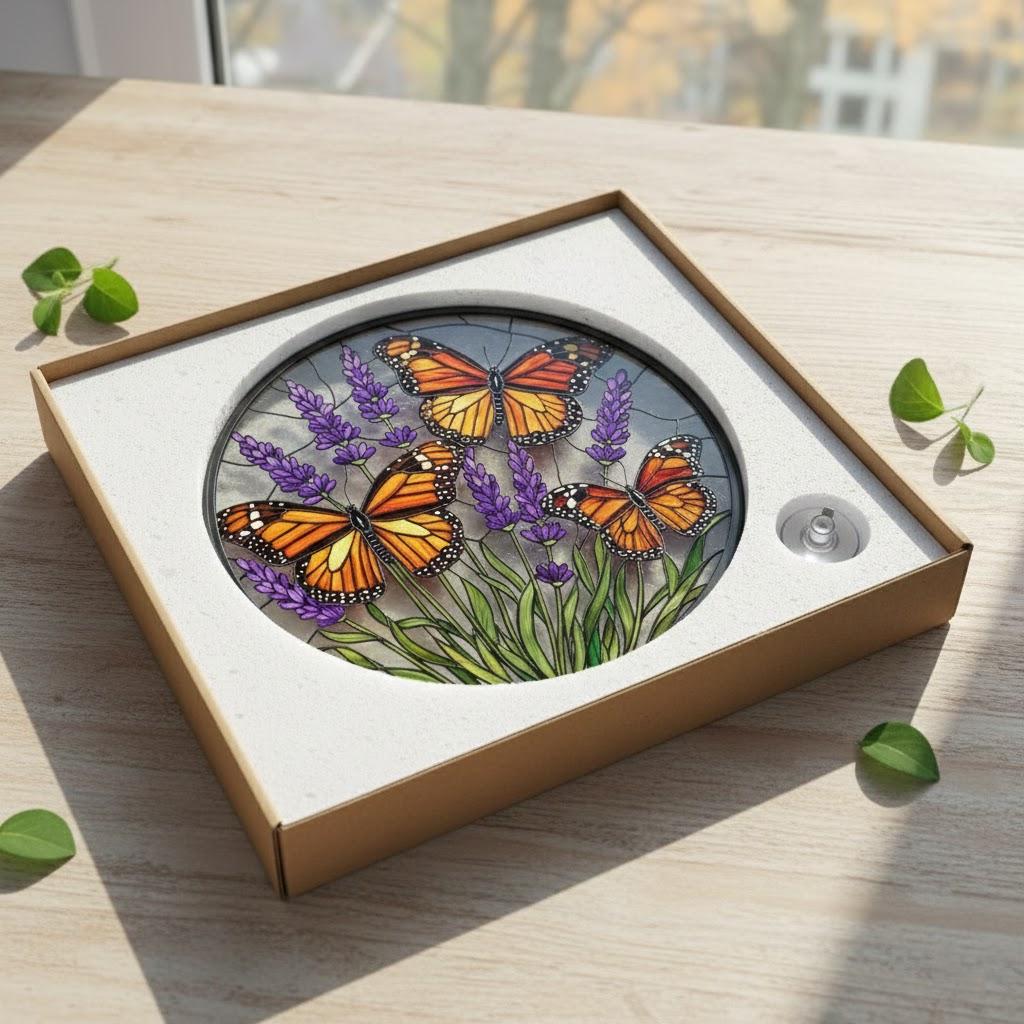 Lavender Monarch Butterfly Stained Glass Suncatcher for Window Hanging Wall Decor Art Gift for Butterfly Lovers Flower Ornament Holiday Gift