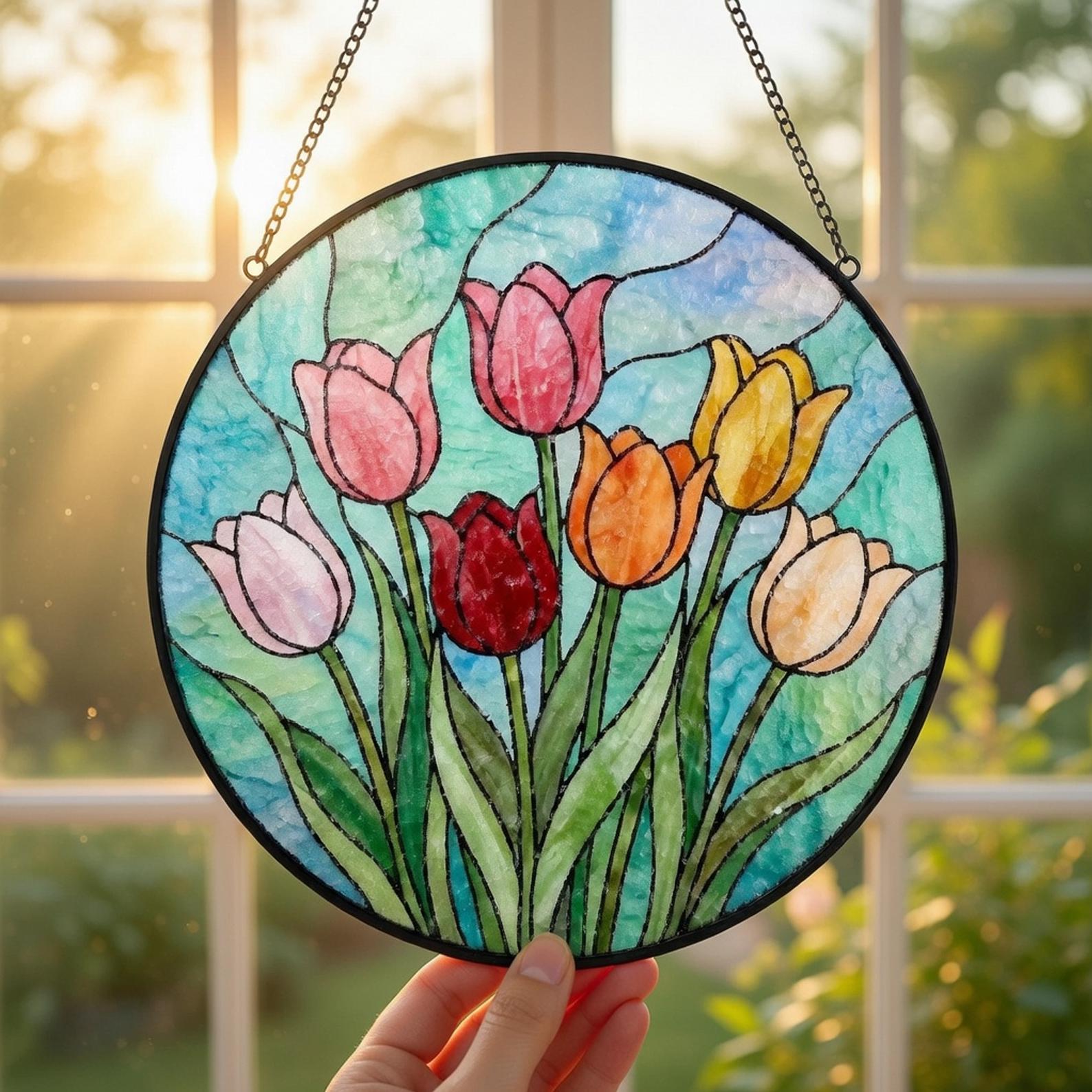 Tulip Stained Glass Suncatcher, Pink Flower Window Hanging, Spring Floral Glass Art, Mother's Day Gift for Mom