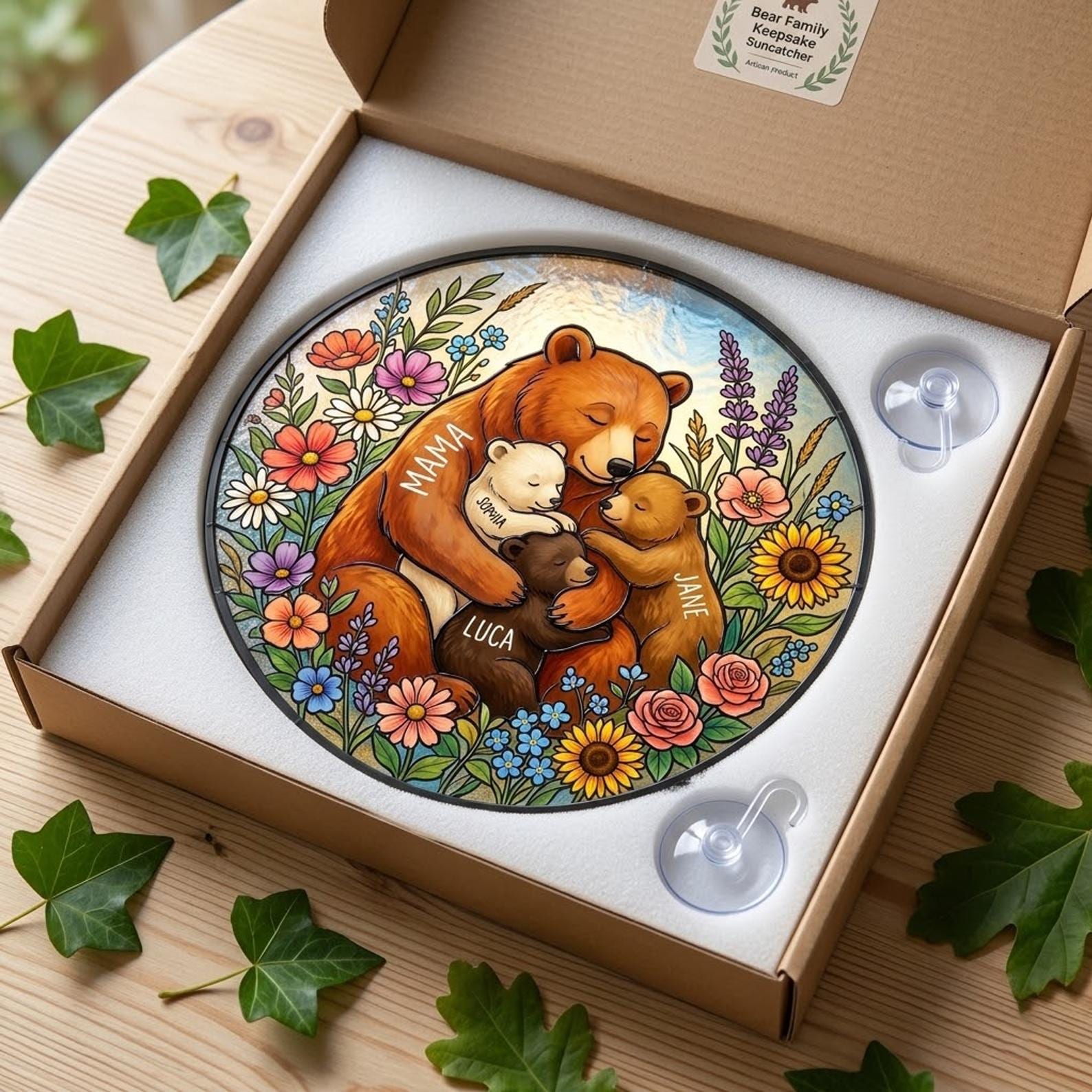 Personalized Mama Bear Flowers Stained Glass Suncatcher Mother's Day Gift For Mom Grandma, Mom And Kids Bears Family Keepsake