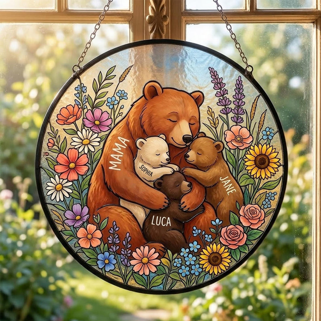 Personalized Mama Bear Flowers Stained Glass Suncatcher Mother's Day Gift For Mom Grandma, Mom And Kids Bears Family Keepsake
