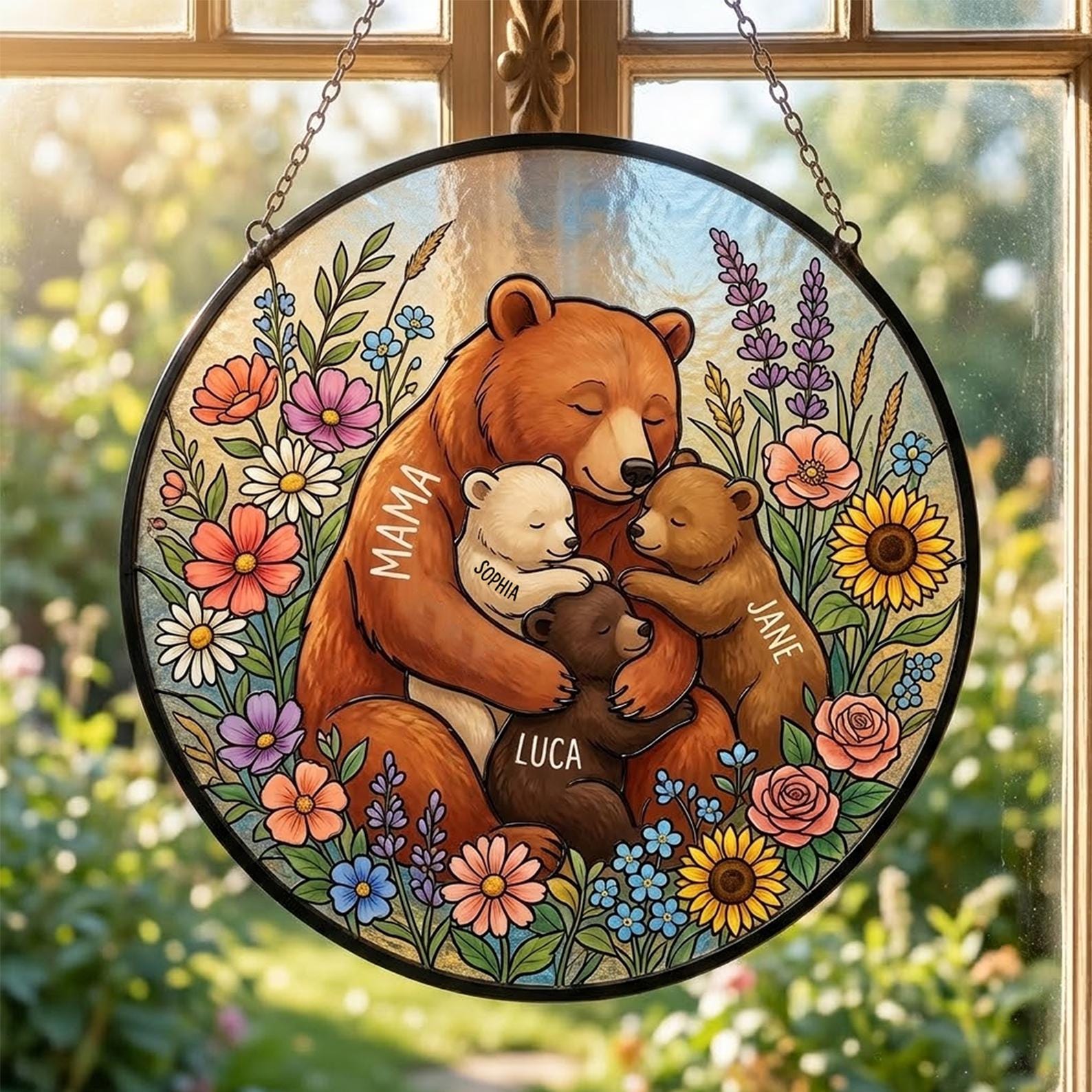 Personalized Mama Bear Flowers Stained Glass Suncatcher Mother's Day Gift For Mom Grandma, Mom And Kids Bears Family Keepsake